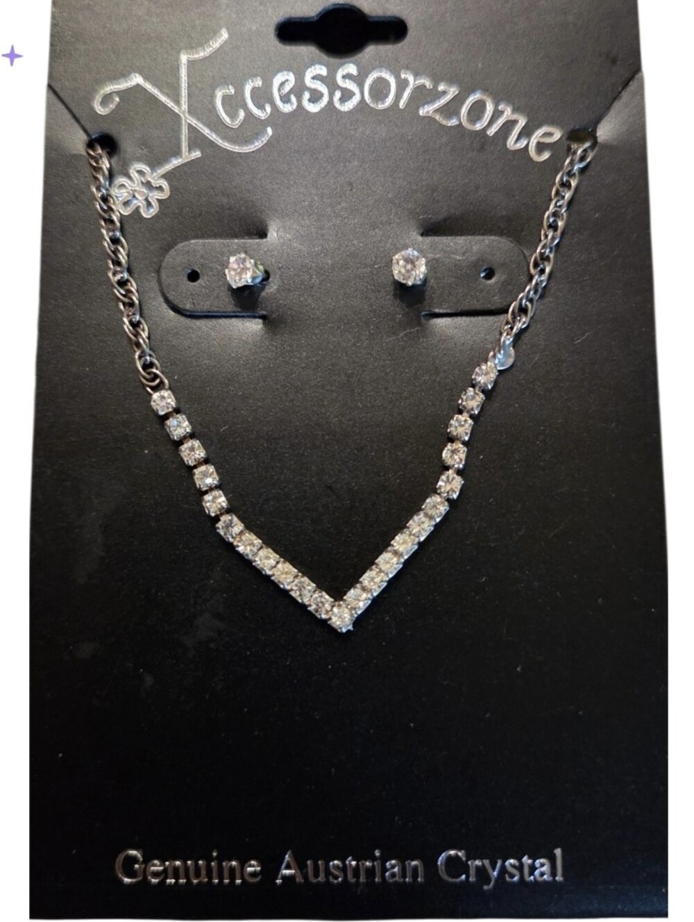 Silver V‑Neck Austrian Crystal Necklace & Stud Earring Set